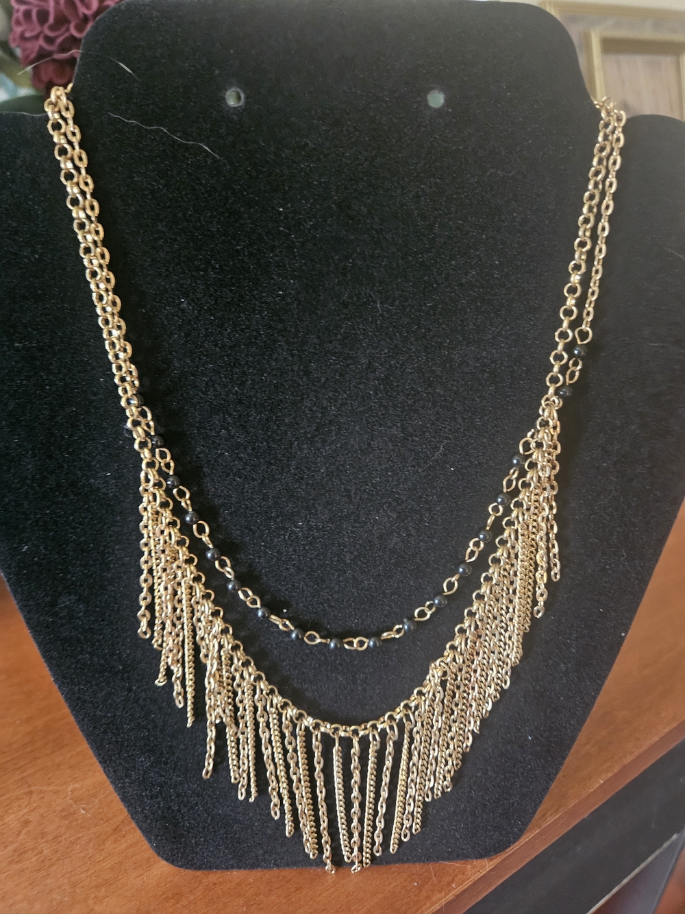 Source Unknown Gold-Tone Layered Fringe Necklace with Black Bead Accents
